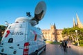 Channel 7 news outside broadcasting van at Hyde Park with St Mary`s Cathedral Church in the background.