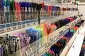 Various color pens on display at stationery shop. Back to school office supplies shopping