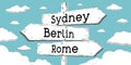 Sydney, Berlin, Rome - outline signpost with three arrows