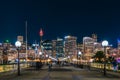 Sydney City night skyline viewed from Pyrmont Bridge through Darling Harbour