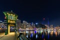 Sydney City night skyline viewed from Pyrmont Bridge through Darling Harbour