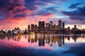 Sydney city skyline at sunset with reflection in water, Australia, Downtown Sydney skyline in Australia, AI Generated