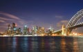 Sydney cityscape at night, reflection on harbour.