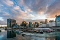 Sydney downtown skyline at Darling Harbor bay, business and recreational arcade, in Sydney, NSW, Australia at sunrise