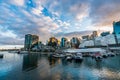 Sydney downtown skyline at Darling Harbor bay, business and recreational arcade, in Sydney, NSW, Australia at sunrise