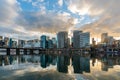 Sydney downtown skyline at Darling Harbor bay, business and recreational arcade, at sunrise