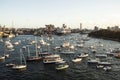 Sydney harbor panorama with yachts Queen Mary 2 on the background.