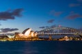 Sydney harbor skyline at night with Sydney harbor bridge and opera house, NSW, Australia Royalty Free Stock Photo