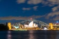 Sydney harbor skyline at night with Sydney harbor bridge and opera house, NSW, Australia Royalty Free Stock Photo
