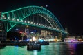 Sydney Harbour Bridge, lit up a bright green during `Vivid Sydney` festival