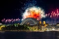 Sydney Harbour Bridge New Years Eve fireworks, colourful fire works lighting the night skies with vivid multi colours Royalty Free Stock Photo