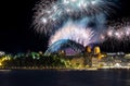 Sydney Harbour Bridge New Years Eve fireworks, colourful fire works lighting the night skies with vivid multi colours Royalty Free Stock Photo