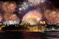 Sydney Harbour Bridge New Years Eve fireworks, colourful NYE fire works lighting the night skies with vivid multi colours Royalty Free Stock Photo