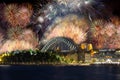 Sydney Harbour Bridge New Years Eve fireworks, colourful NYE fire works lighting the night skies with vivid multi colours Royalty Free Stock Photo