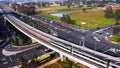 Sydney metro train on a bridge at Rouse Hill, Australia