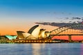 Sydney. New South Wales. Australia. The Opera House at sunset and the harbour bridge Royalty Free Stock Photo