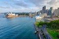 Panoramic drone aerial view over Opera House and Circular Quay Royalty Free Stock Photo