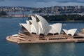 Sydney Opera House and ferry boats on a sunny day, view from the Harbour Bridge tower in Sydney