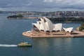 Sydney Opera House and ferry boats on a sunny day, view from the Harbour Bridge tower in Sydney