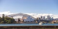 Sydney Opera House and Harbour bridge with boat and buildings in background on the sunny clear sky day, Sydney Opera House and