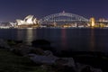 Sydney Opera House and Harbour Bridge at Night Royalty Free Stock Photo