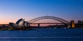 Sydney Opera House and Harbour Bridge at sundown Royalty Free Stock Photo