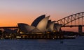 Sydney Opera House and Harbour Bridge at sundown Royalty Free Stock Photo
