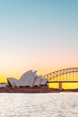 Sydney Opera House with Harbour Bridge at sunset Royalty Free Stock Photo