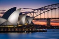 Sydney Opera House and Harbour Bridge at Sunset Royalty Free Stock Photo