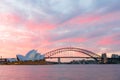 Sydney Opera House and Harbour Bridge at sunset Royalty Free Stock Photo