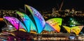 Sydney Opera House lit up at night at the Vivid Light festival - close up Royalty Free Stock Photo