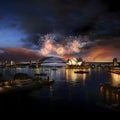 Sydney Opera House, London Bridge floating ships and fireworks show. New Year\'s fun and festiv Royalty Free Stock Photo