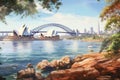 Sydney Opera House and Sydney Harbour Bridge, Australia. Digital painting, sydney harbour view with opera house, bridge and rocks Royalty Free Stock Photo