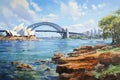 Sydney Opera House and Sydney Harbour Bridge, Australia. Oil painting style, sydney harbour view with opera house, bridge and Royalty Free Stock Photo