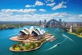 Sydney Opera House and Sydney Harbour Bridge in a beautiful summer day, Australia, Sydney, Australia. Landscape aerial view of