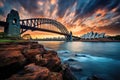 Sydney Opera House and Sydney Harbour Bridge at sunset, Australia, sydney harbour view with opera house, bridge and rocks in the Royalty Free Stock Photo