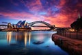 Sydney Opera House and Sydney Harbour Bridge at sunset, Australia, Sydney Opera House and the Sydney Harbour Bridge during Royalty Free Stock Photo