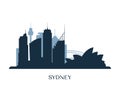 Sydney skyline, monochrome silhouette. Royalty Free Stock Photo