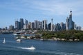 View of city skyline with harbor and goat island in foreground