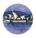 The Sydney watercolor hand drawing, famouse arhitectural buillding isolated