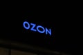 11.21.2020 Syktyvkar, Russia, Blue glowing signboard ozon