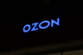 11.21.2020 Syktyvkar, Russia, Blue glowing signboard ozon