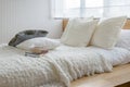 Sylish bedroom interior with black and white pillows on bed