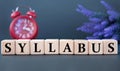 SYLLABUS - word on wooden cubes on a gray background with an alarm clock and a branch of lavender Royalty Free Stock Photo