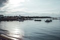 Sylvan lake, Canada, 22 july, 2019 / View of the lake and the boat harbour at sunset Royalty Free Stock Photo