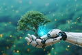 Symbiotic future Tree in human and robotic hands signifies harmony