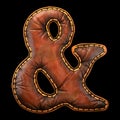 Symbol ampersand made of leather. 3D render font with skin texture isolated on black background.