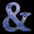 Symbol ampersand made of painted metal with blue rivets on black background. 3d