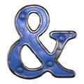 Symbol ampersand made of painted metal with blue rivets on white background. 3d