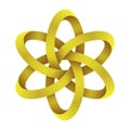 Symbol of atom structure model made of intertwined gold mobius stripes. Technological concept of nuclear power